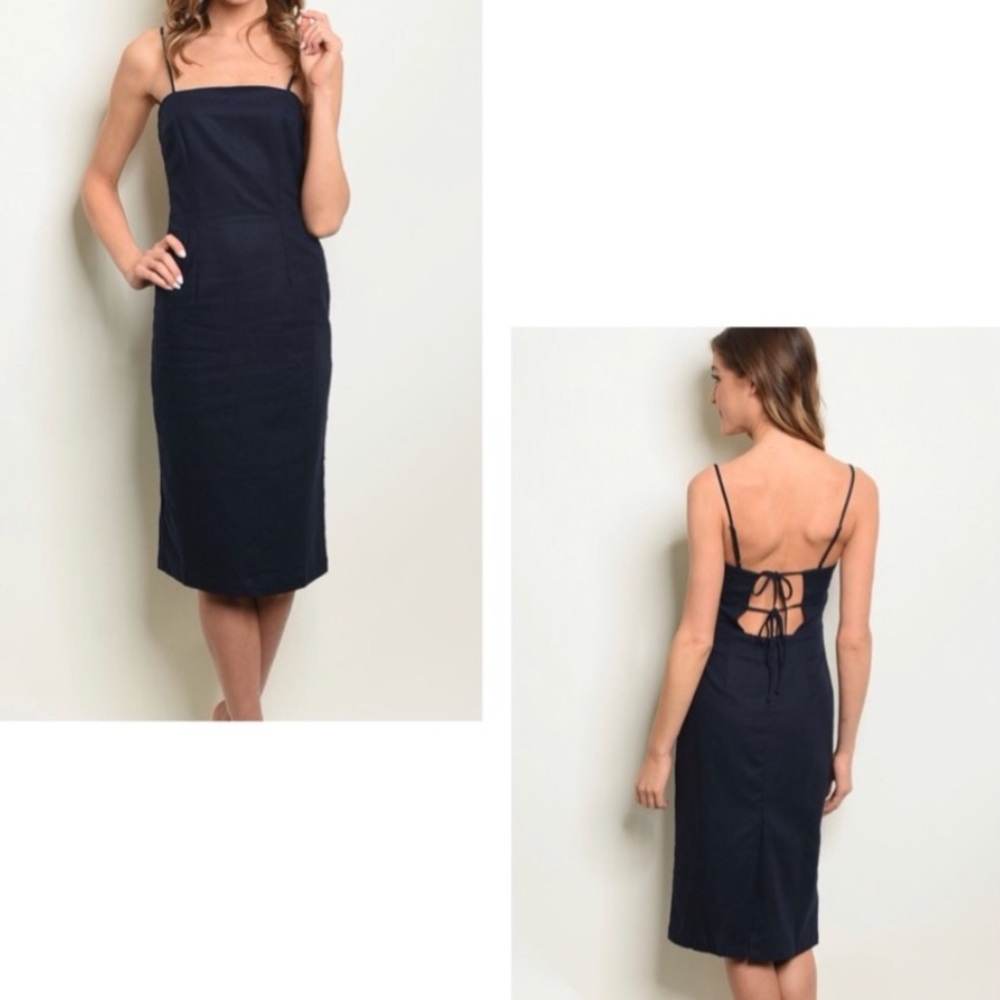 Cotton Candy LA Sleeveless Navy Blue Linen Open Back Midi Dress Coastal Resort